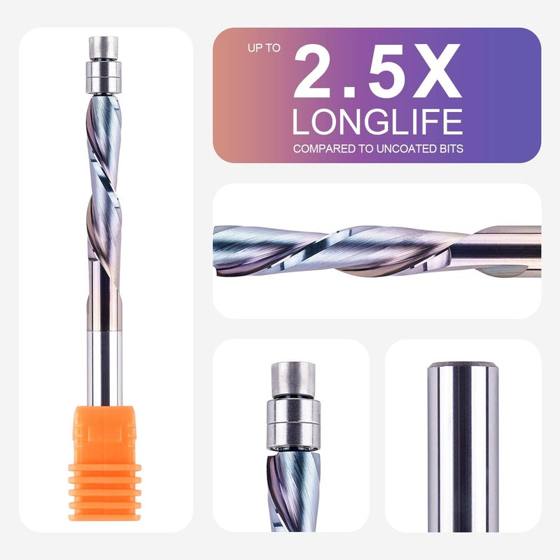 SpeTool 1/4 Inch Shank Downcut Spiral Flush Trim Router Bit with Extra Long Life TAC Coated, Solid Carbide Flush Trim Bits Bottom Bearing for Woodworking Trimming - Image 2